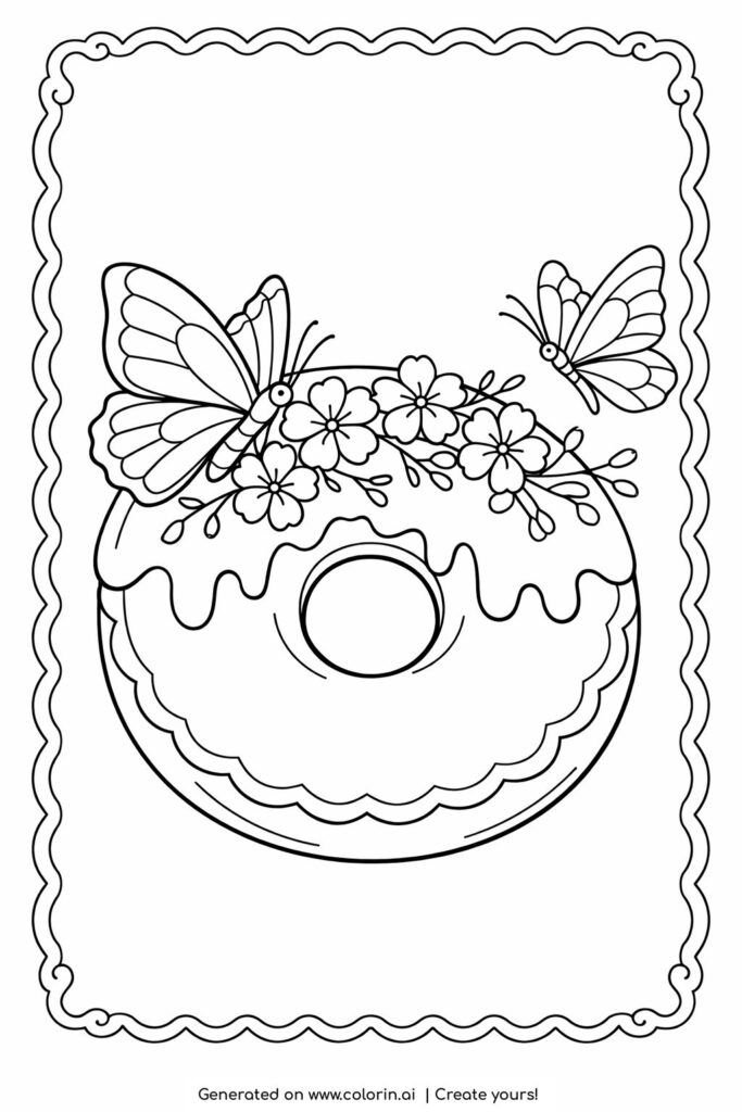 butterflies on glazed donut coloring page with flowers and decorative frame coloring page