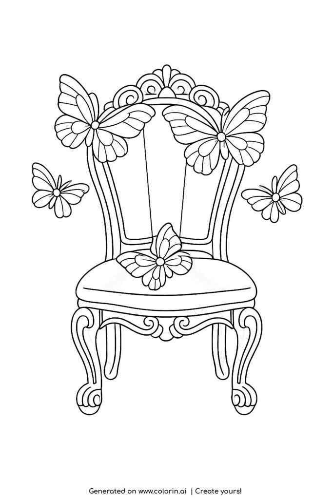 butterflies on vintage chair coloring page with ornate antique seat and flying butterflies coloring page
