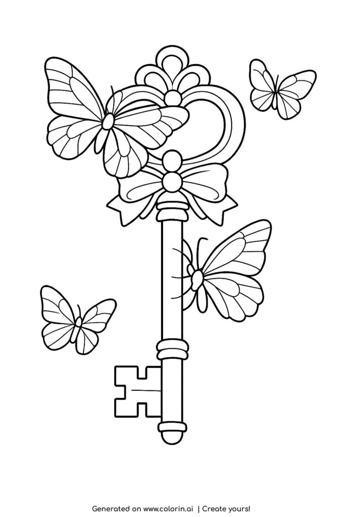 butterflies on vintage key coloring page with ornate antique key and detailed wings