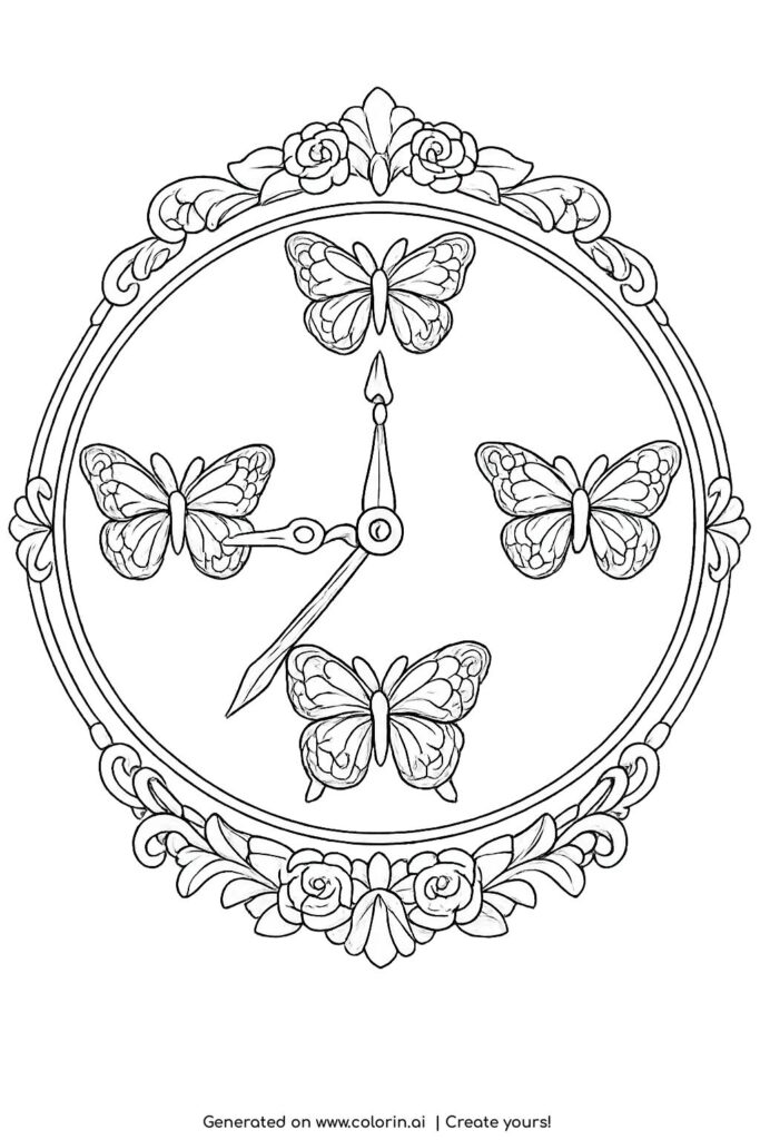 butterflies on vintage wall clock coloring page with ornate floral frame and detailed wings coloring page