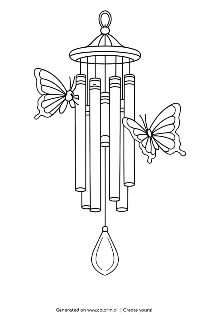 butterflies on wind chime coloring page with hanging tubes and flying butterflies