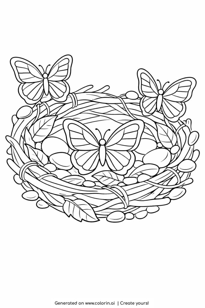 butterflies resting in a nest coloring page with woven branches leaves and smooth stones coloring page