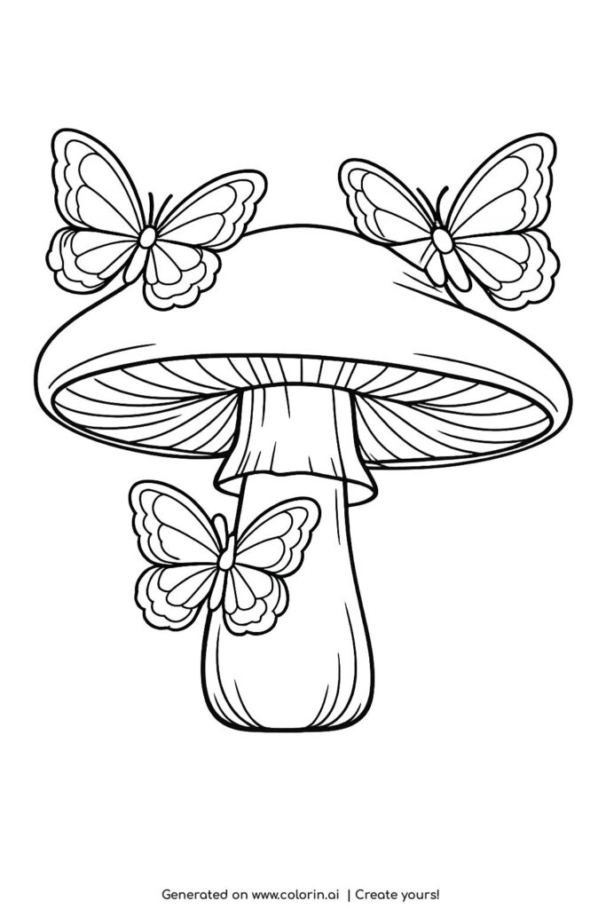 butterflies resting on large mushroom coloring page with wide cap and detailed wings coloring page