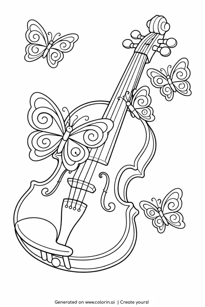 butterflies resting on violin coloring page with diagonal violin and decorative butterfly wings coloring page
