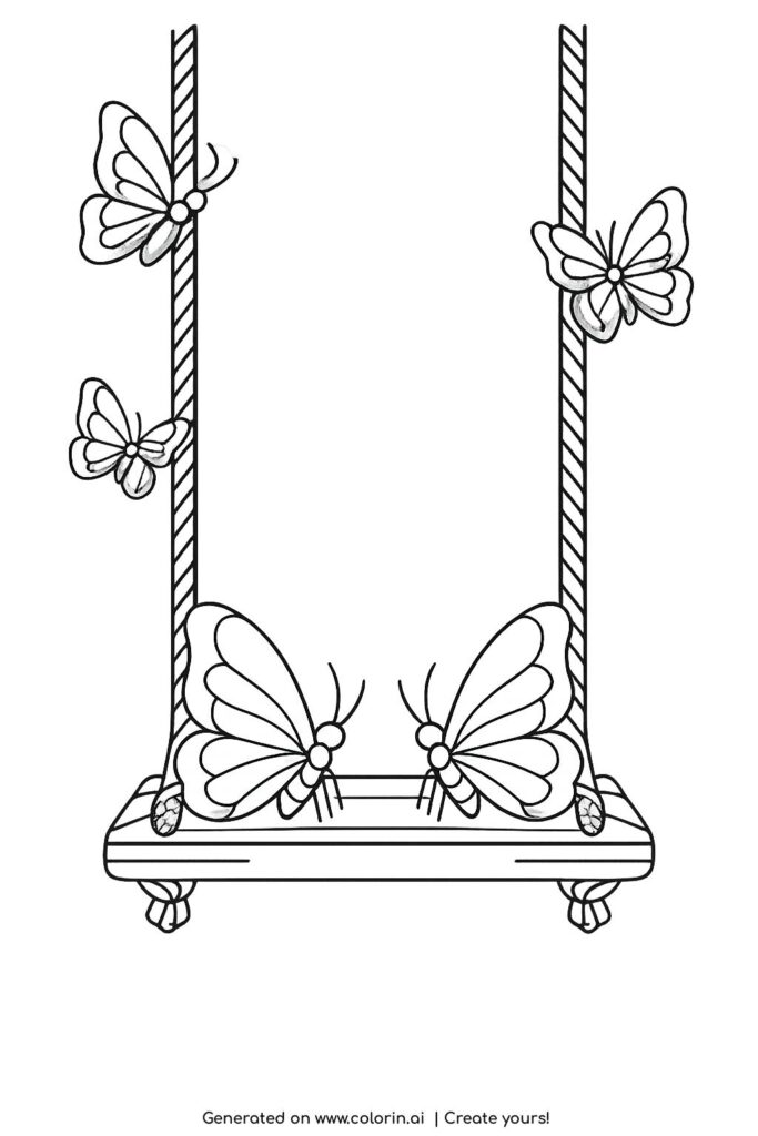 butterflies resting on wooden swing coloring page with hanging ropes and large wings coloring page