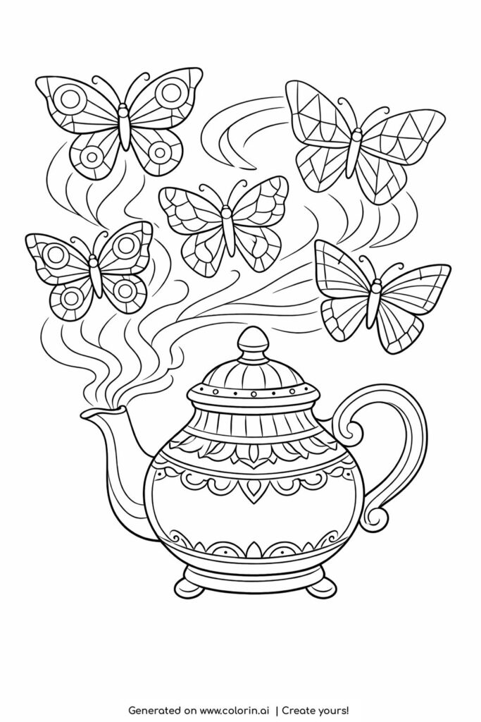 butterflies rising from a teapot coloring page with ornate teapot and swirling steam coloring page