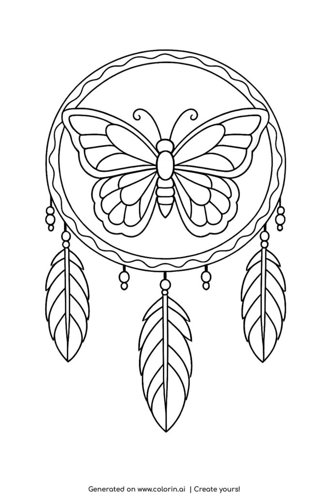 butterfly inside dreamcatcher circle coloring page with hanging feathers and round decorative frame coloring page