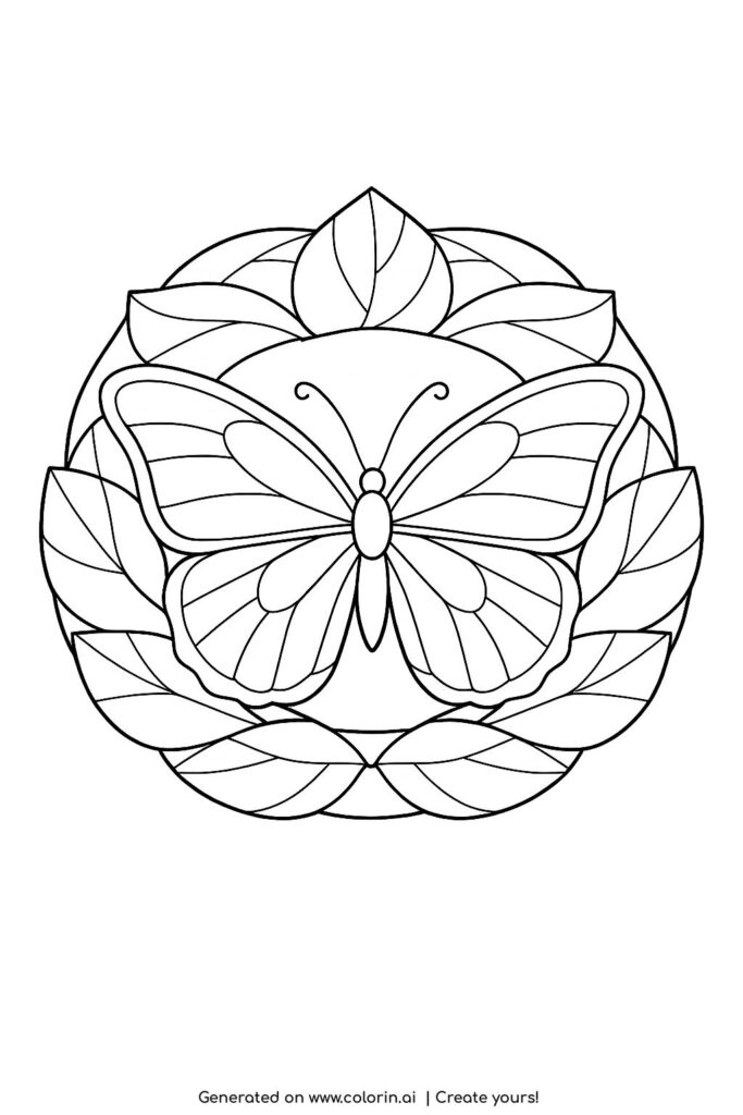 butterfly inside leaf circle coloring page with large centered butterfly and round leaf border coloring page