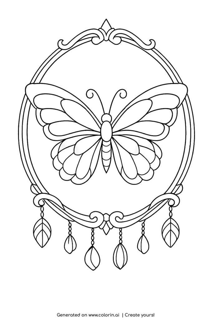 butterfly inside oval decorative frame coloring page with hanging leaf ornaments and elegant border coloring page