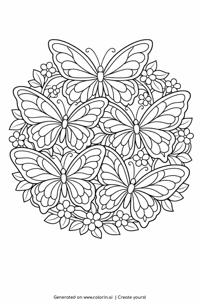 butterfly mandala with flowers coloring page with five butterflies arranged in a circle coloring page