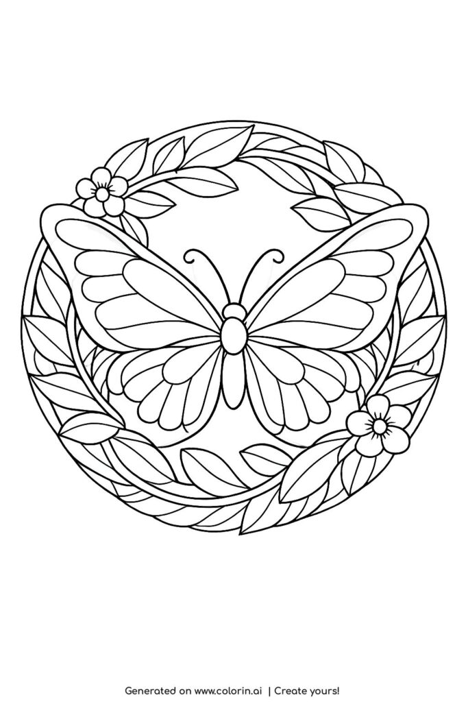 butterfly mandala with leaves coloring page with circular floral frame and large central butterfly coloring page