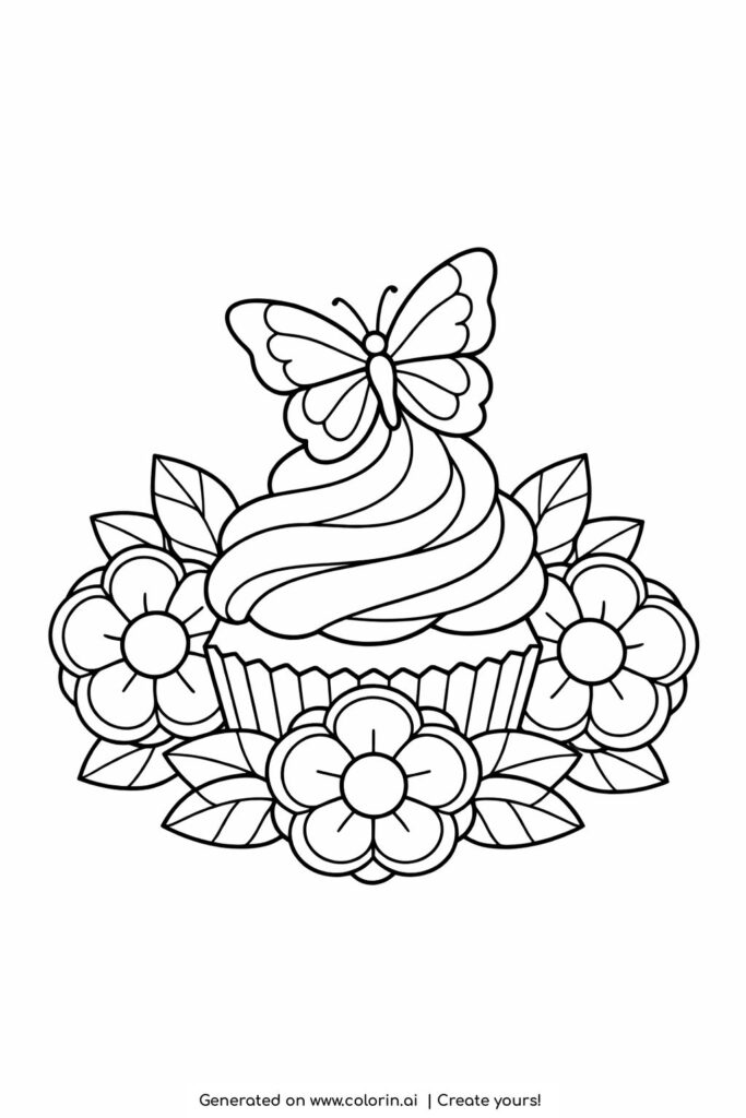 butterfly on cupcake with flowers coloring page with swirled frosting and blooming flowers coloring page