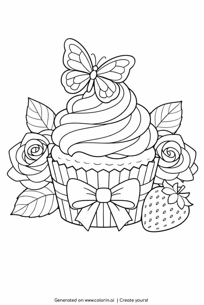 butterfly on cupcake with roses coloring page featuring floral decorated dessert line art