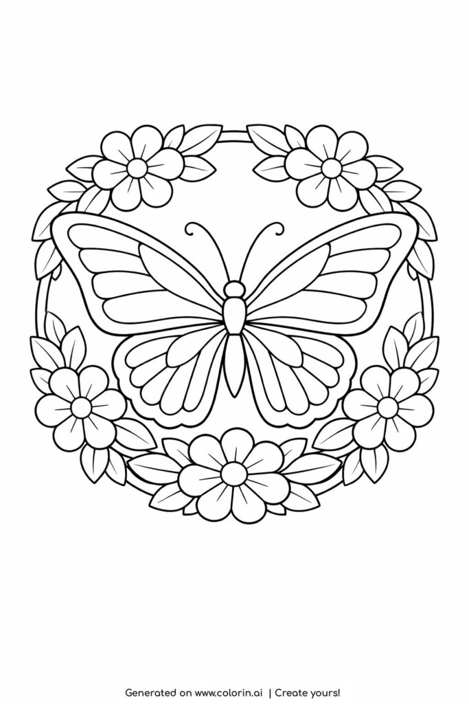 butterfly on flower wreath coloring page with large centered butterfly and round floral crown coloring page