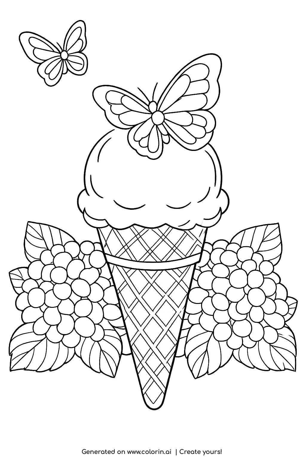 butterfly on ice cream cone coloring page with flowers and waffle cone design coloring page