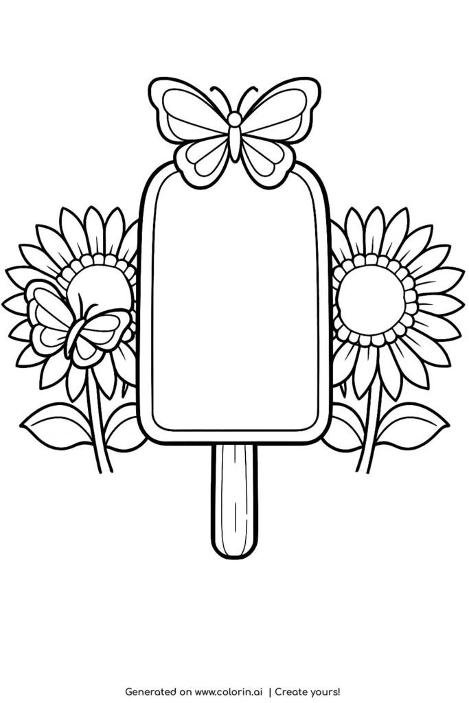 butterfly on ice cream with sunflowers coloring page line art with large flower details coloring page