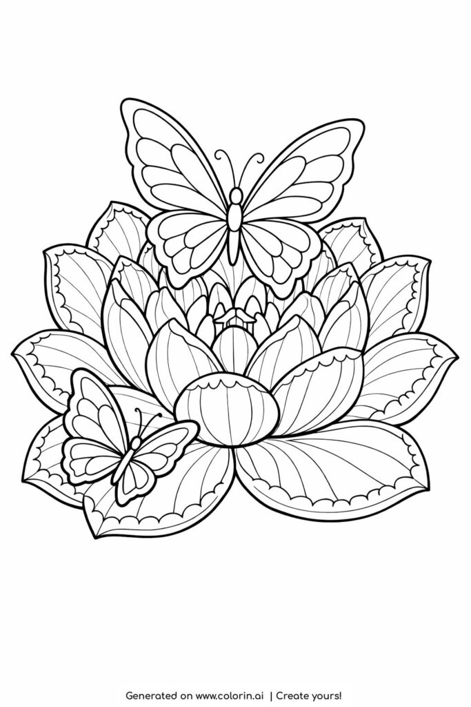 butterfly resting on layered flower coloring page with detailed petals and two butterflies coloring page