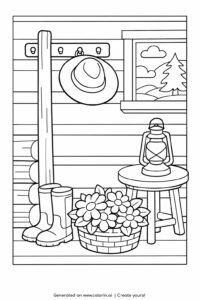 cabin entryway with boots and lantern coloring page featuring wooden wall, flowers, and window coloring page