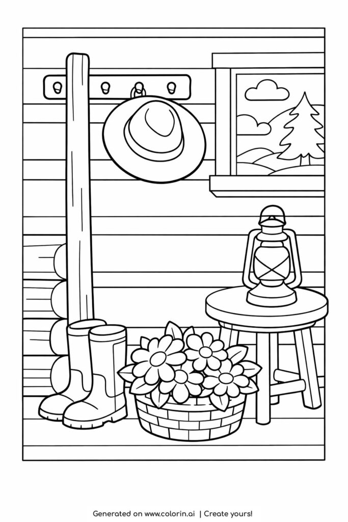 cabin entryway with boots and lantern coloring page featuring wooden wall, flowers, and window coloring page