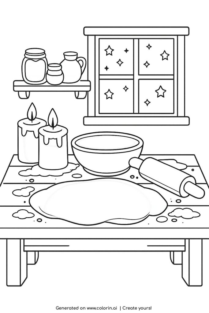 candlelit baking table with dough coloring page featuring rolling pin and bowl coloring page