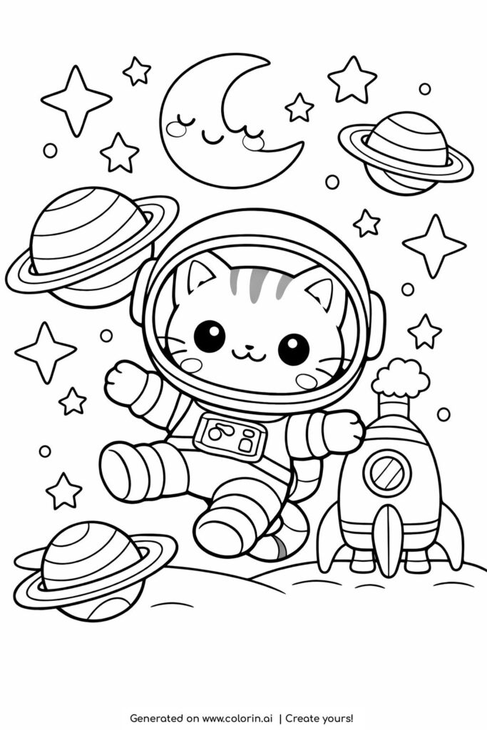 cat astronaut floating in space coloring page with planets and rocket coloring page