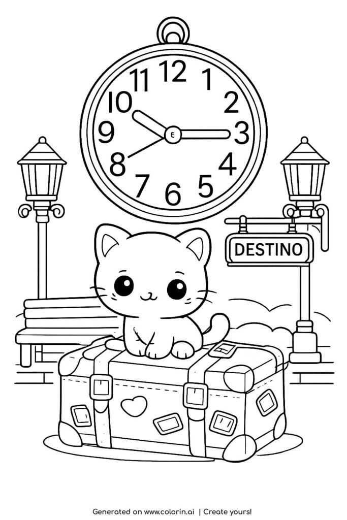 cat at train station with suitcase coloring page with large clock and bench coloring page