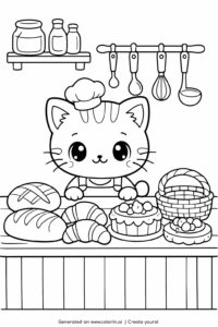 cat baker in artisan bakery coloring page with breads and pastries coloring page
