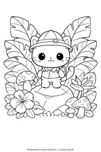 cat explorer in jungle coloring page standing on rock with tropical leaves coloring page