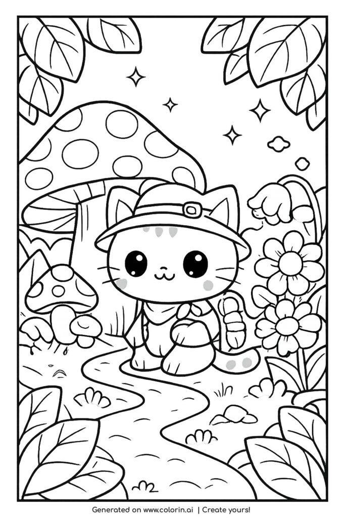 cat explorer in magical forest coloring page cute kitten with hat near giant mushroom and flowers coloring page
