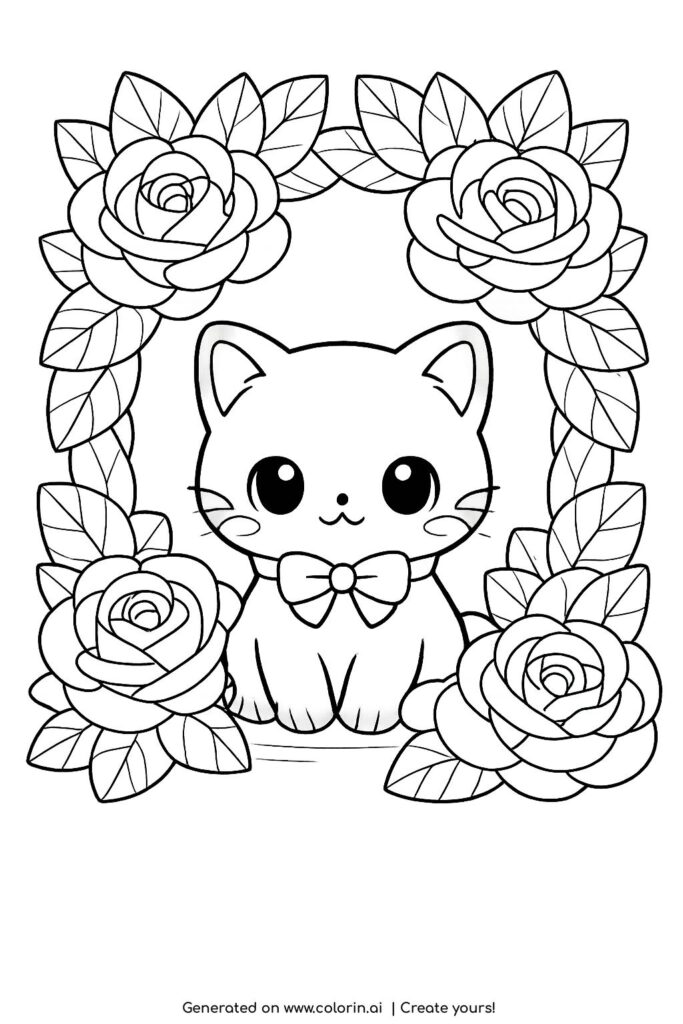 cat framed by roses coloring page cute kitten with bow inside rose frame coloring page