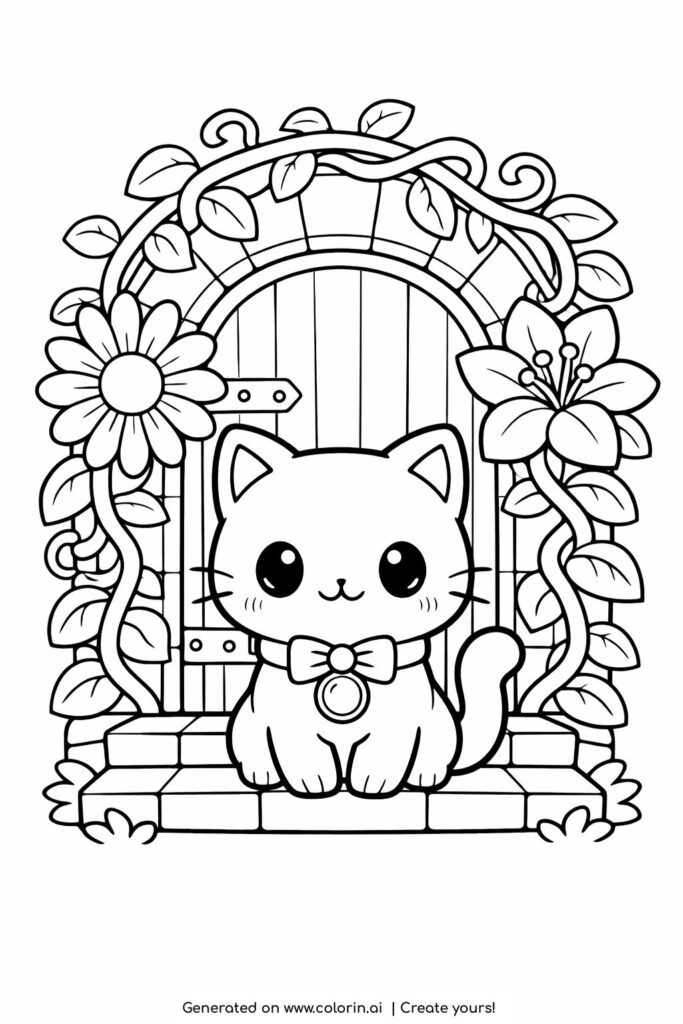 cat guardian at floral door coloring page with vines and large flowers around an old wooden door coloring page