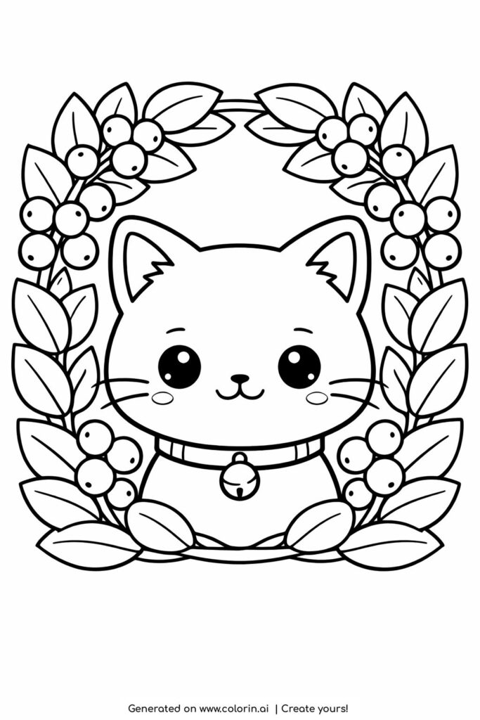 cat head framed by leaves coloring page with berries and collar coloring page