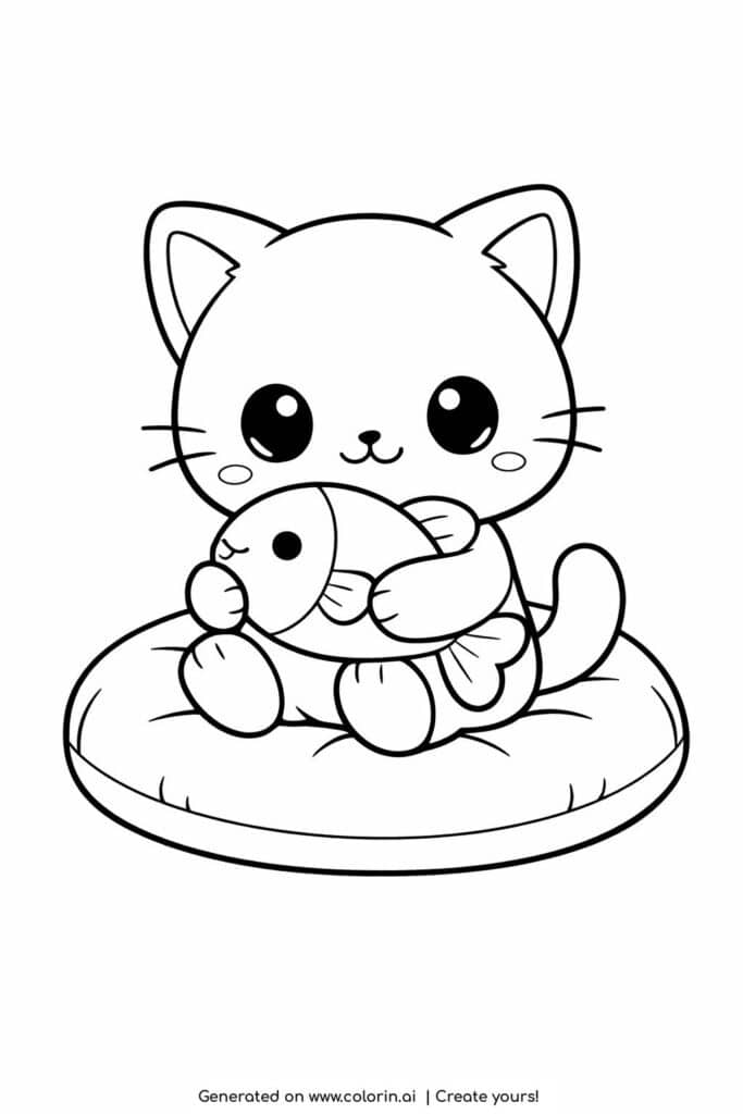 cat hugging fish plush on cushion coloring page cute kitten sitting on round pillow coloring page