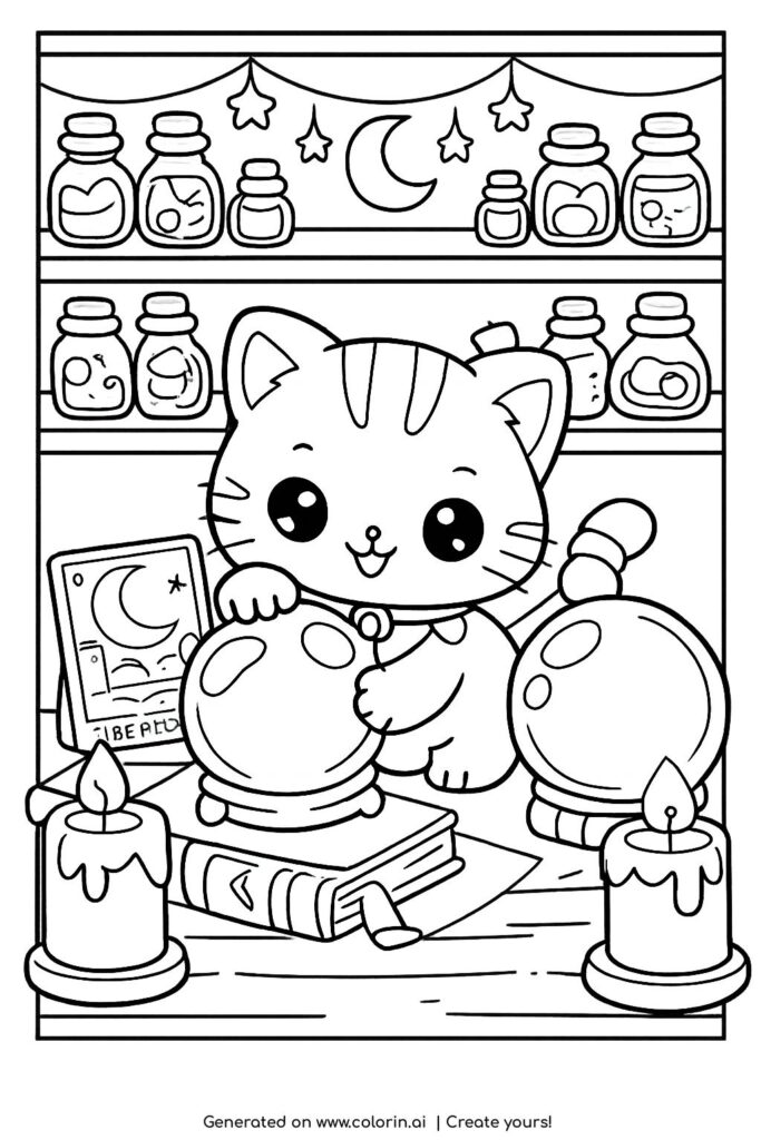 cat in a magic shop with crystal balls coloring page with candles and jars