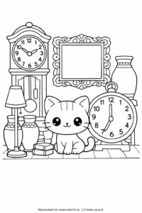 cat in antique shop with clocks coloring page surrounded by vintage decor coloring page