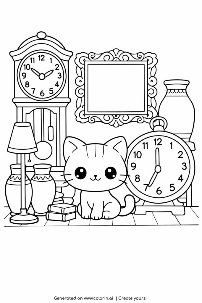 cat in antique shop with clocks coloring page surrounded by vintage decor coloring page
