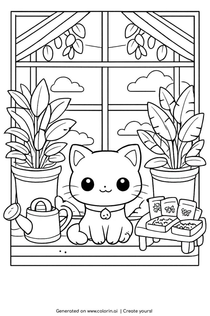 cat in greenhouse with plants coloring page with watering can and seed trays coloring page