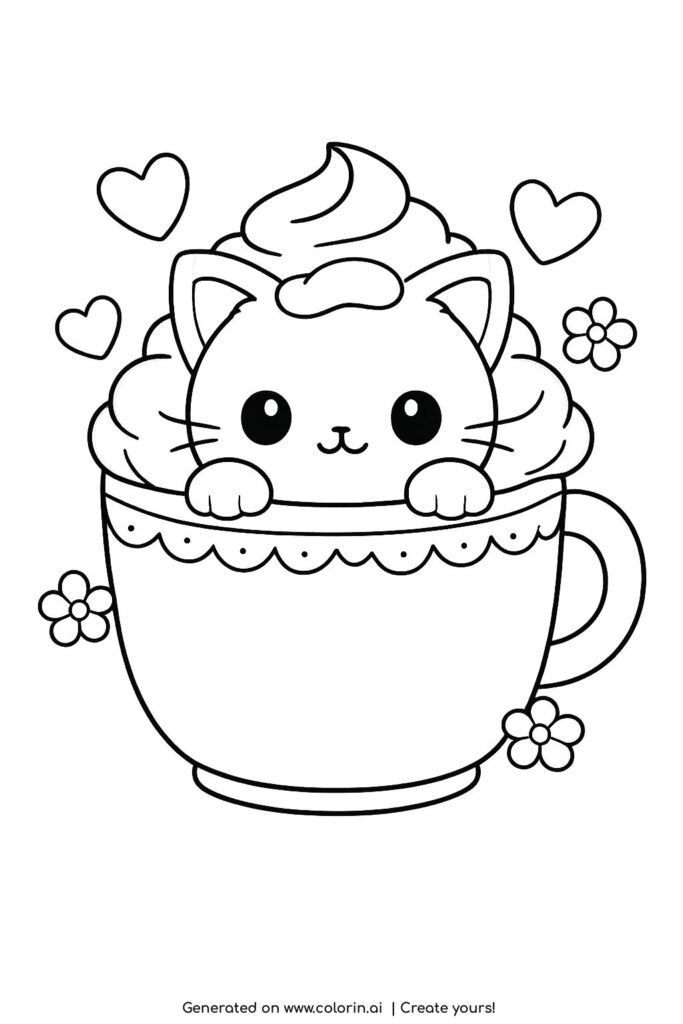 cat in teacup with whipped cream coloring page cute kitten inside large cup with hearts and flowers coloring page