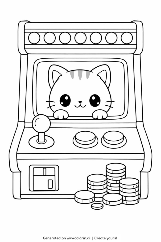cat inside arcade machine coloring page with joystick and coins coloring page