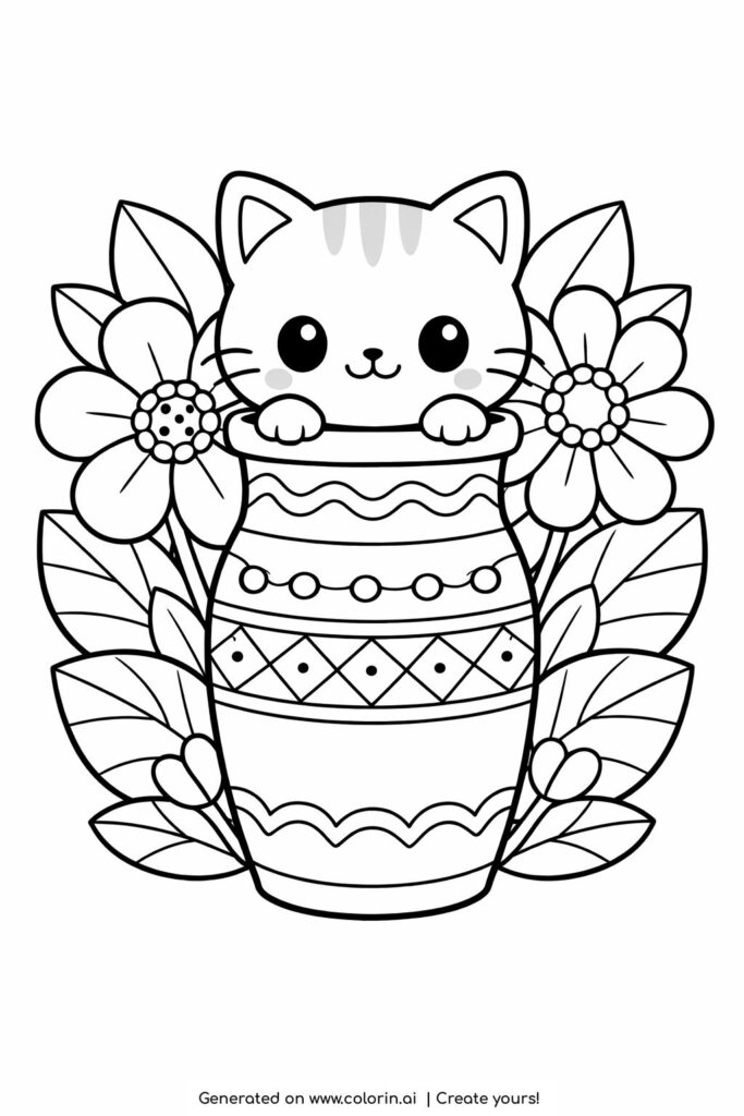 cat inside decorated vase coloring page with large flowers and leaves coloring page