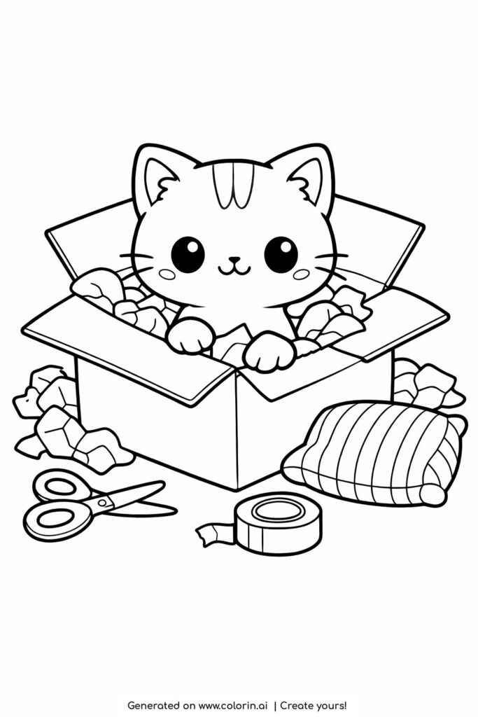cat inside open cardboard box coloring page cute kitten popping out of box with paper around coloring page