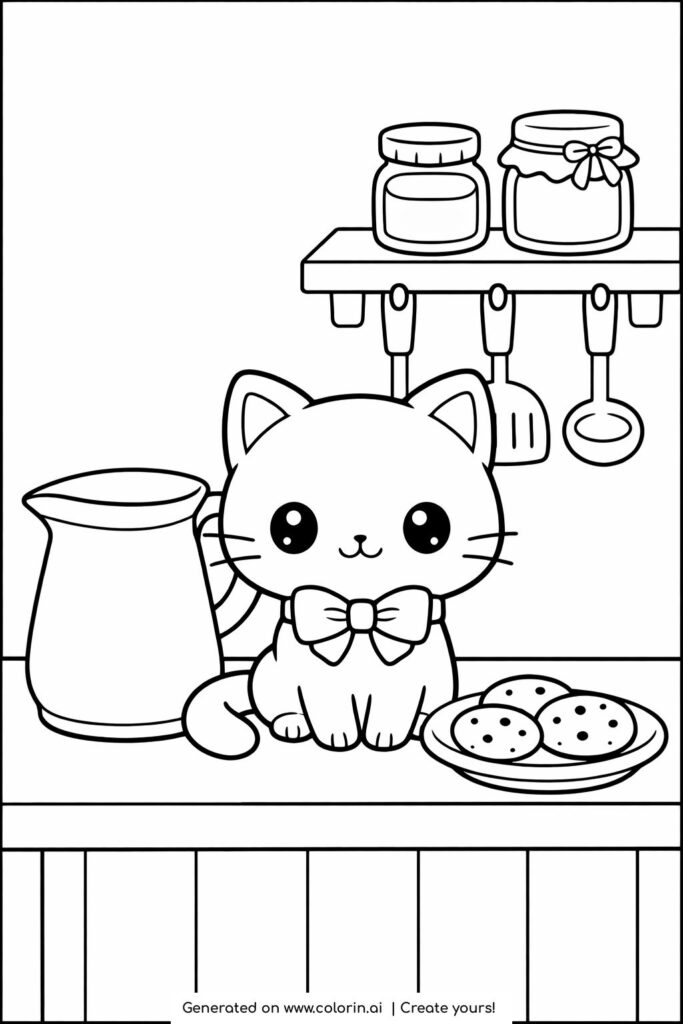 cat on kitchen table with cookies coloring page cute kitten with bow near milk and cookies coloring page