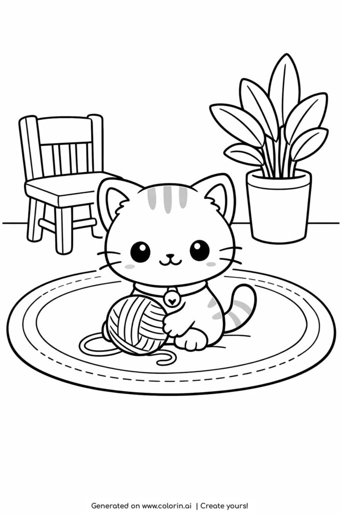cat playing with yarn ball on rug coloring page cute kitten with collar sitting on round carpet coloring page