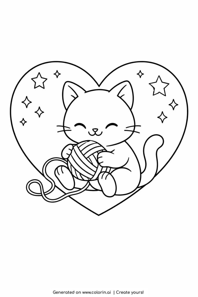 cat playing with yarn heart coloring page showing a cute kitten inside a heart with stars coloring page
