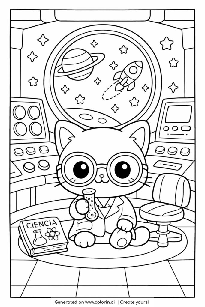 cat scientist in a space station coloring page with rocket and planet view