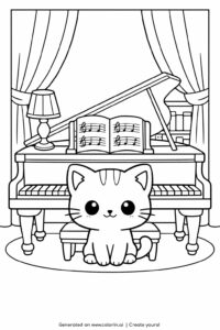 cat sitting at grand piano coloring page with sheet music and curtains coloring page