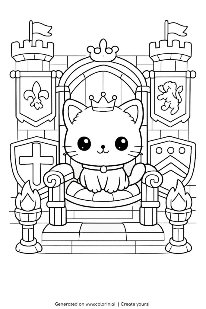 cat sitting on a royal throne in a medieval castle coloring page with shields and torches