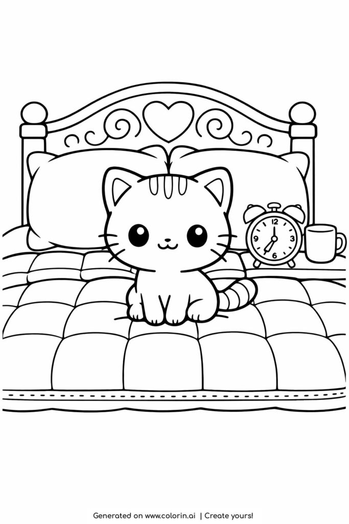 cat sitting on bed with alarm clock coloring page cute kitten on quilted bed near clock and mug coloring page