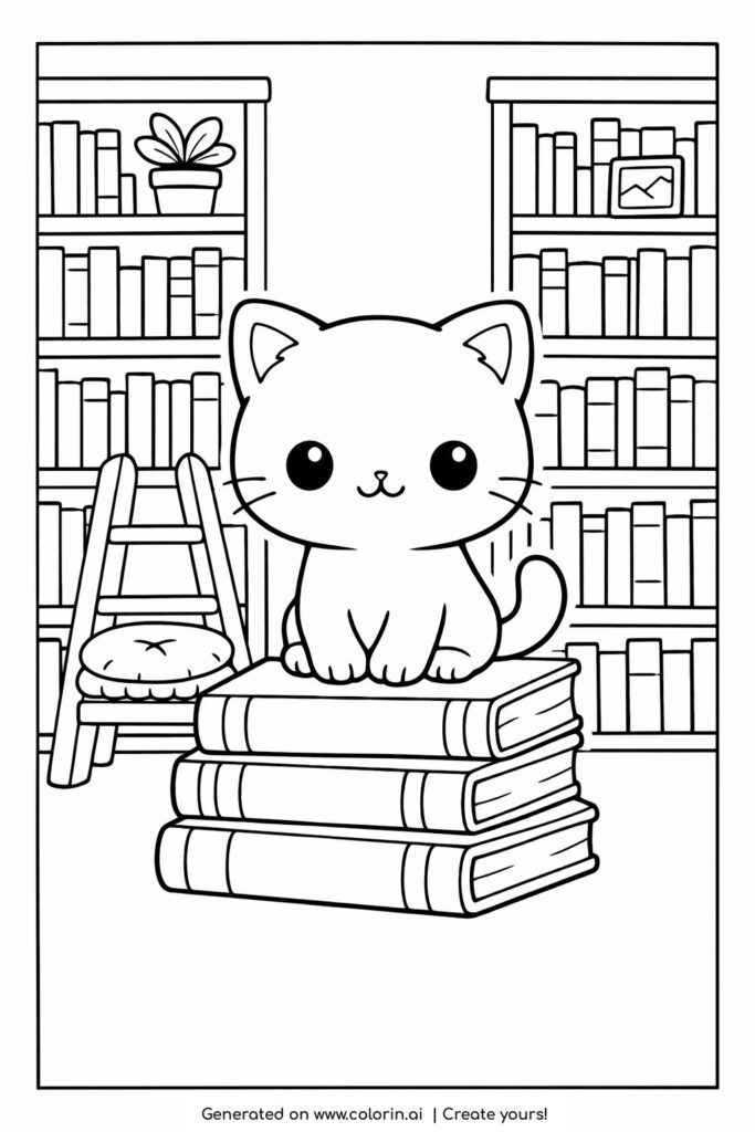 cat sitting on books in library coloring page cute kitten on stacked books in home library coloring page