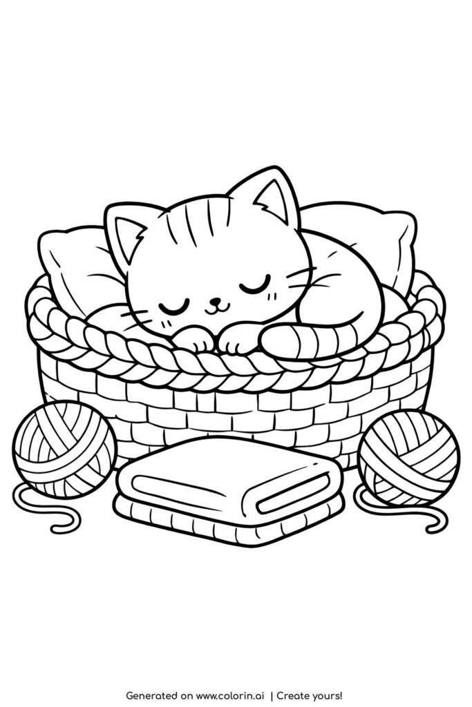cat sleeping in woven basket coloring page cute kitten curled up on pillow inside basket coloring page